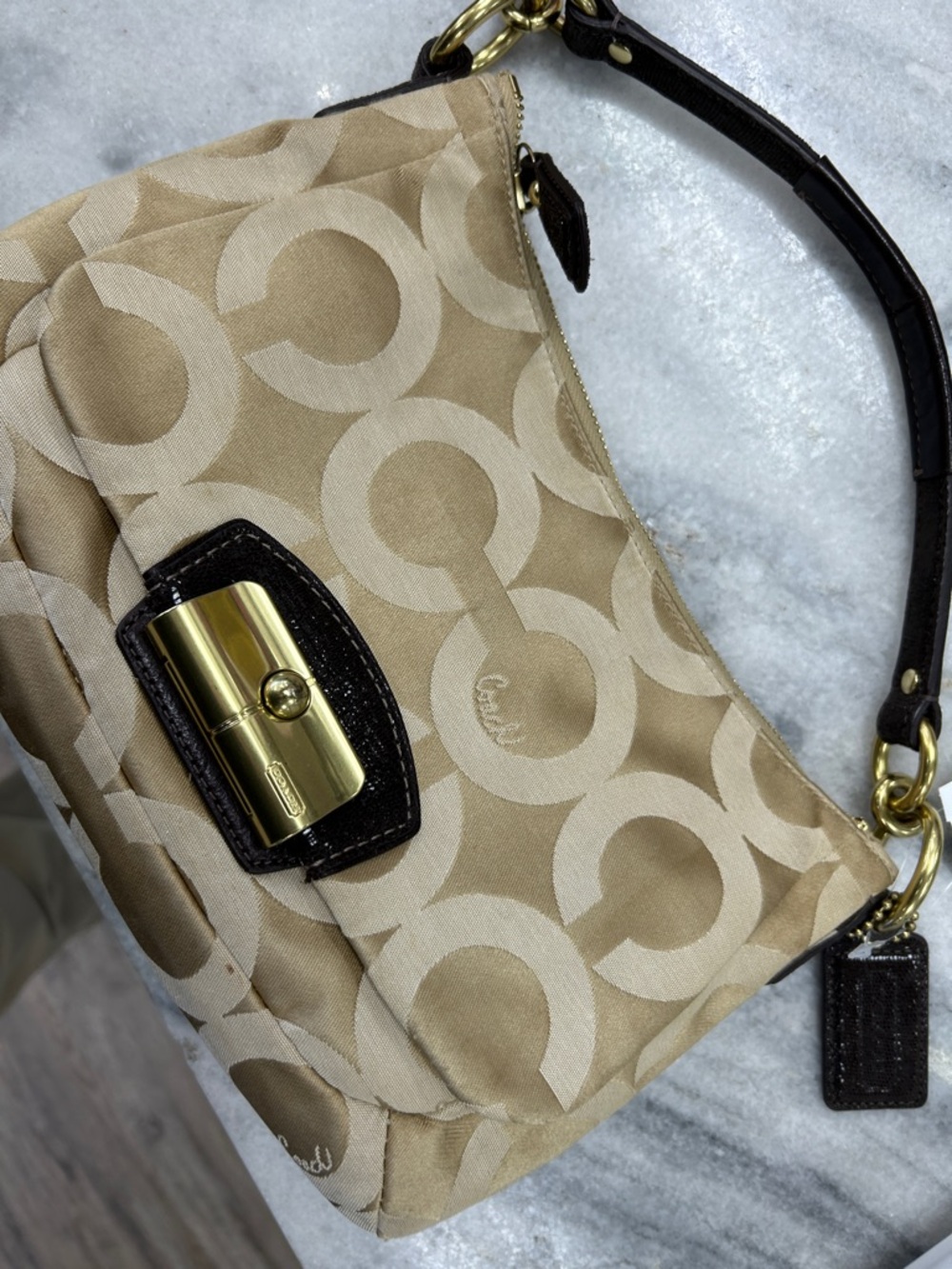 Coach Tan Signature Jacquard Shoulder Bag with Gold-Tone Hardware